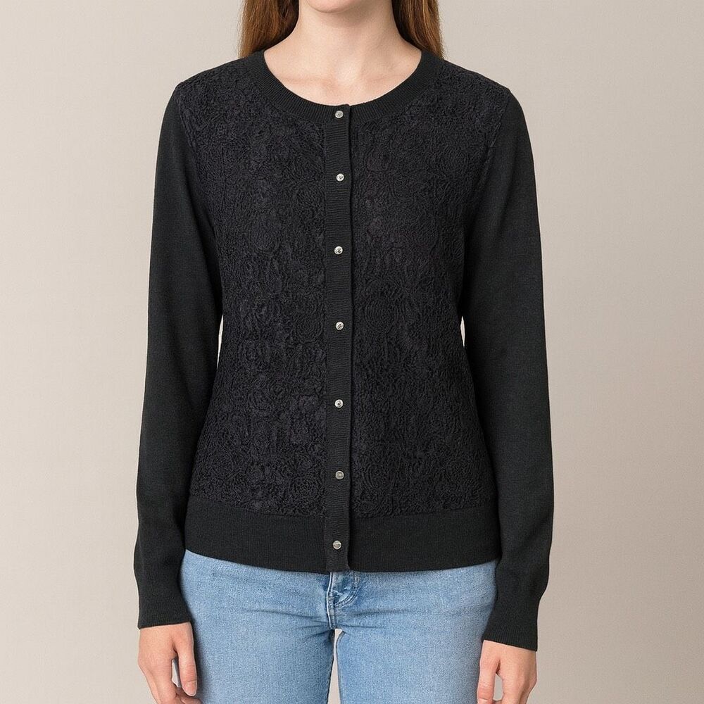 New York and Company Solid Black Lace Button Down Open Cardigan Sweater XL